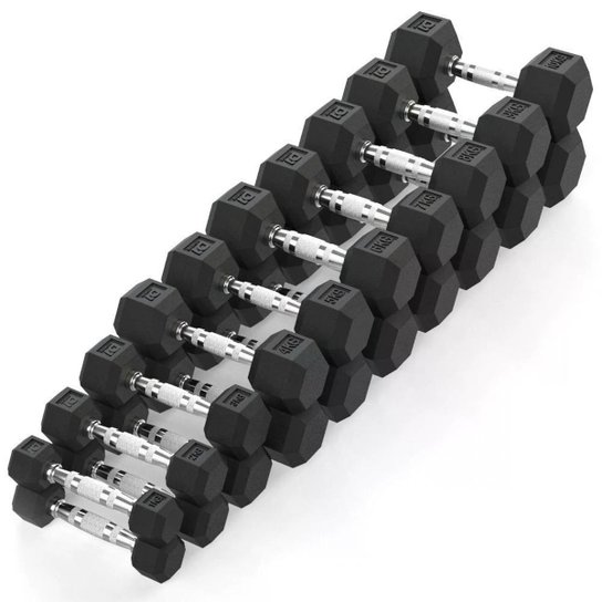 Kit Halteres Sextavado Emborrachado pares 1 a 10 kg D1Fitness - Chumbo+Cinza Menor preço em Kit Halteres Sextavado Emborrachado pares 1 a 10 kg D1Fitness - Chumbo+Cinza