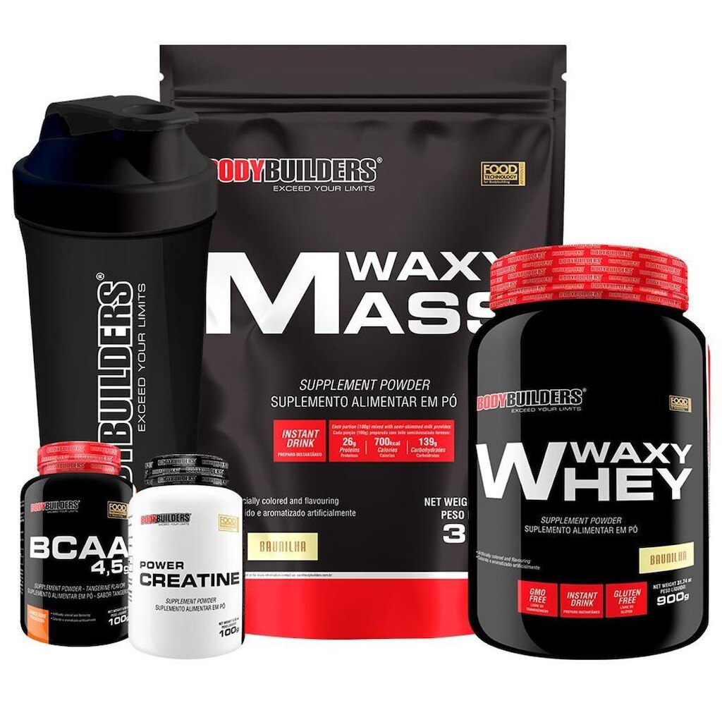 KIT Hipercalórico Waxy Mass 3kg + Waxy Whey 900g +  Creatina + BCAA + Coqueteleira - Bodybuilders