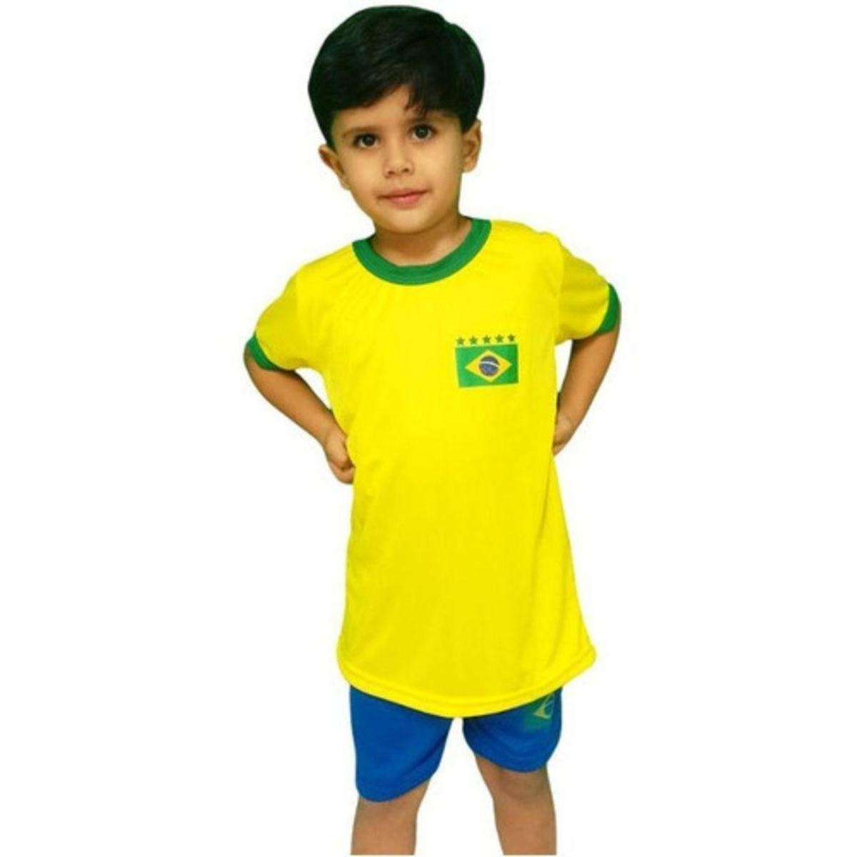 Kit Infantil Brasil Camisa E Calção Torcedor Verde Amarelo Menor preço em Kit Infantil Brasil Camisa E Calção Torcedor Verde Amarelo
