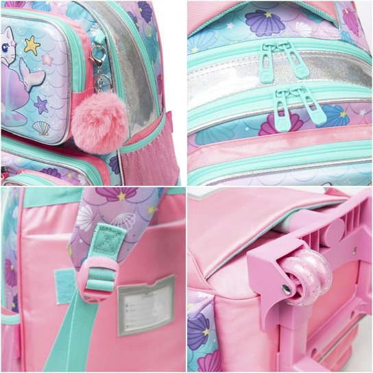Kit Infantil Mochila De Rodinhas Escolar Sereia Gatinho 20l
