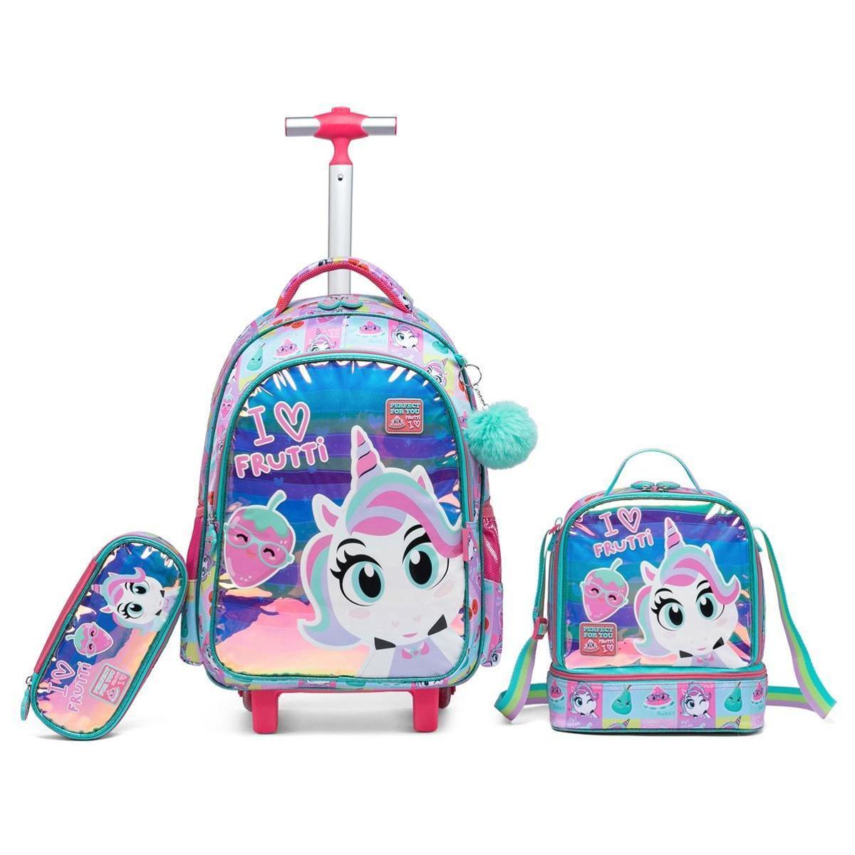 Kit Infantil Mochila Rodinhas Estojo Lancheira Menina