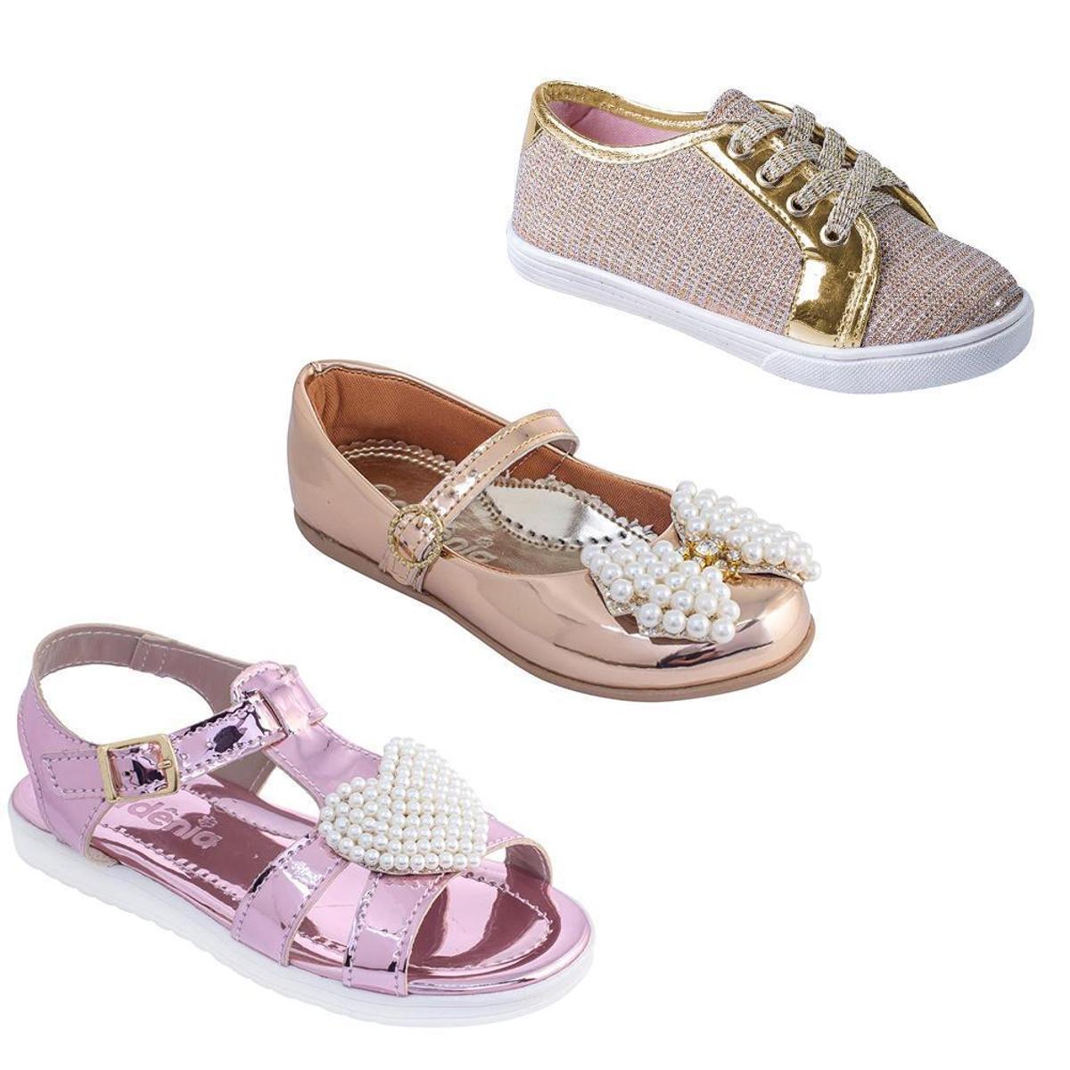 Kit Infantil Sandália + Sapatilha + Tênis Menina Dia a Dia - Rosa+Branco |  Netshoes