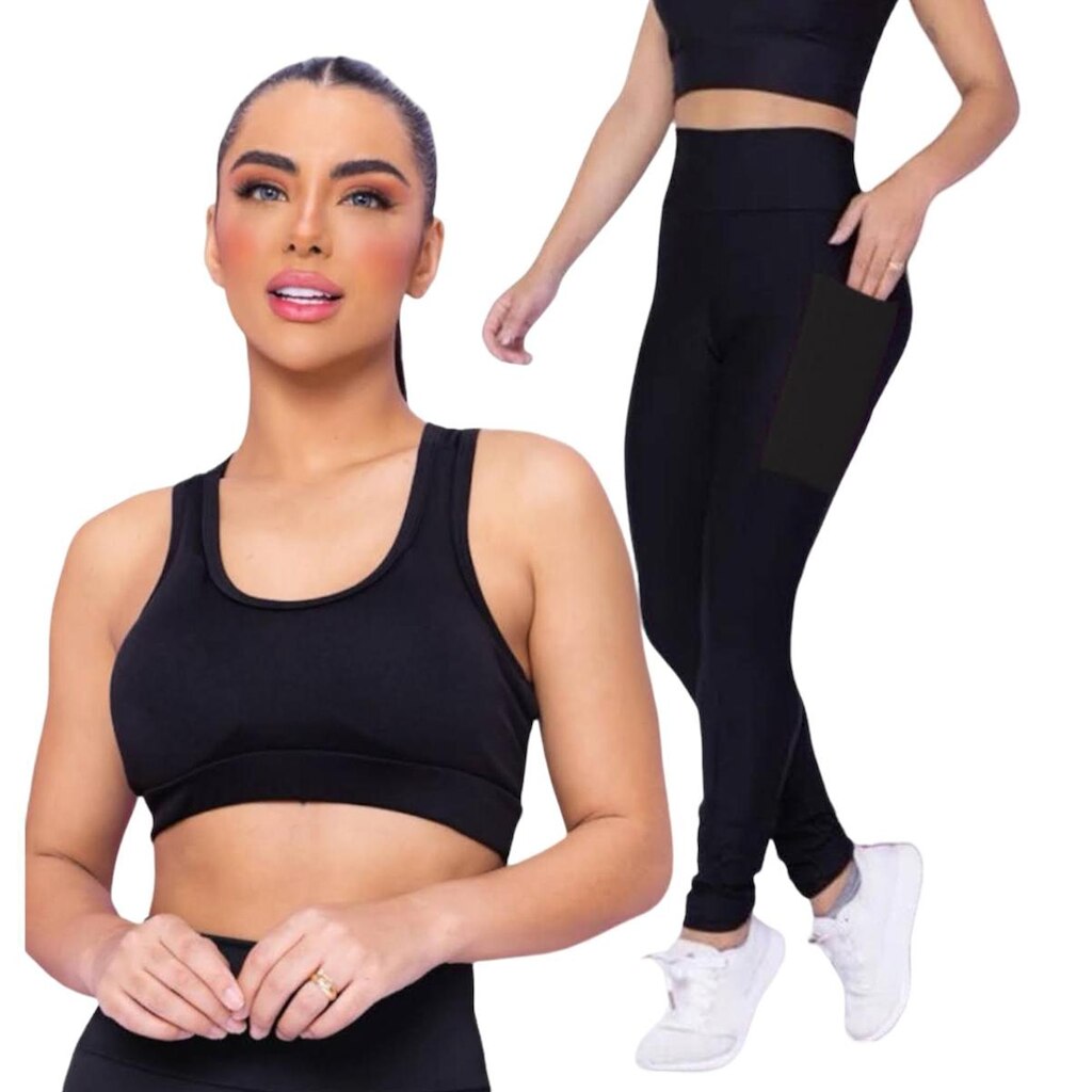 Kit Iron Conjunto Top Alça Média Bojo + Calça Legging Bolsos Feminino