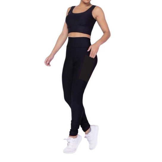 Kit Iron Conjunto Top Alça Média Bojo + Calça Legging Bolsos Feminino