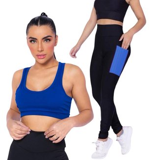 Kit Iron Conjunto Top Alça Média Bojo + Calça Legging Bolsos Feminino