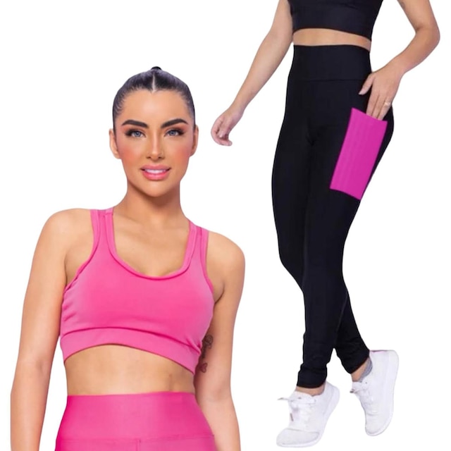 Kit Iron Conjunto Top Alça Média Bojo + Calça Legging Bolsos Feminino
