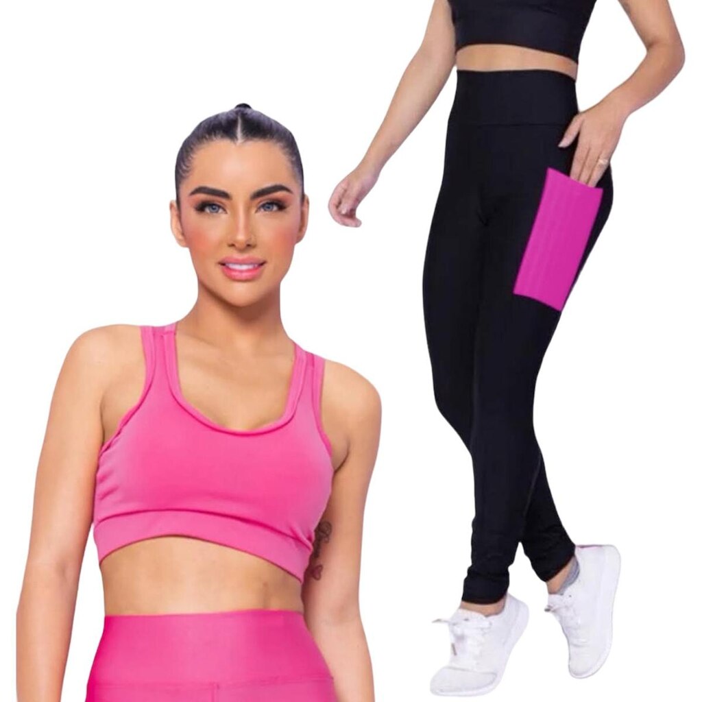 Kit Iron Conjunto Top Alça Média Bojo + Calça Legging Bolsos Feminino