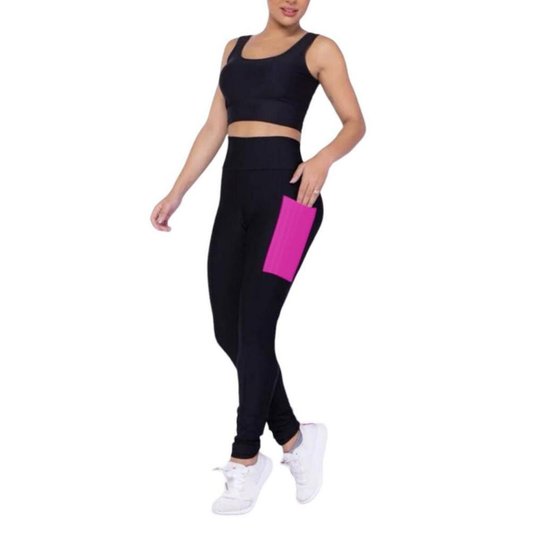 Kit Iron Conjunto Top Alça Média Bojo + Calça Legging Bolsos Feminino