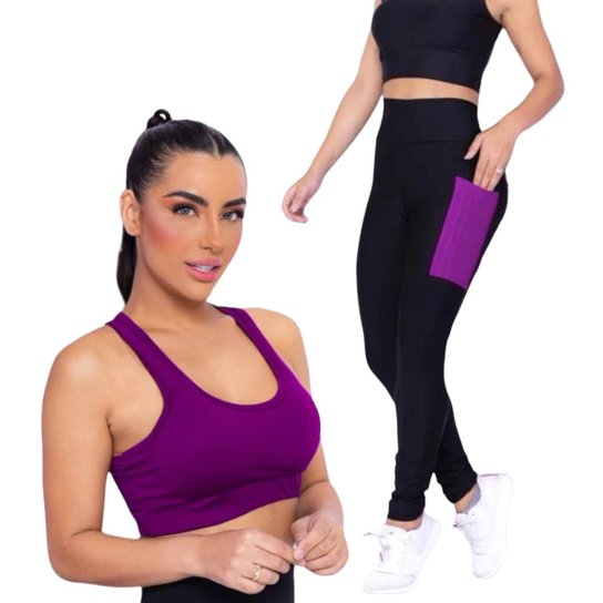 Kit Iron Conjunto Top Alça Média Bojo + Calça Legging Bolsos Feminino
