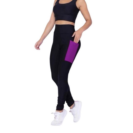 Kit Iron Conjunto Top Alça Média Bojo + Calça Legging Bolsos Feminino