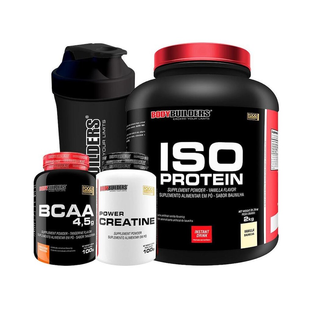 KIT Iso Protein 2kg +  Creatina 100g + BCAA 100g + Coqueteleira - Bodybuilders