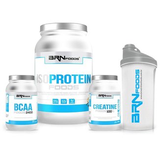 Kit Iso Protein Foods 900 G + Creatina Foods 100% 300 + BCAA Foods 2400 200 Cáps + Coqueteleira