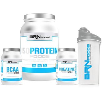 Kit Iso Protein Foods 900 G + Creatina Foods 100% 300 + BCAA Foods 2400 200 Cáps + Coqueteleira