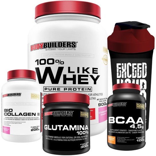 Kit Like Whey 900g + BCAA 1000g + Colageno 200g + Glutamina 300g + Coqueteleira - Bodybuilders -