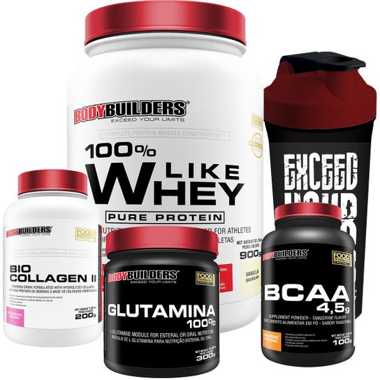 Kit Like Whey 900g + BCAA 1000g + Colageno 200g + Glutamina 300g + Coqueteleira - Bodybuilders -