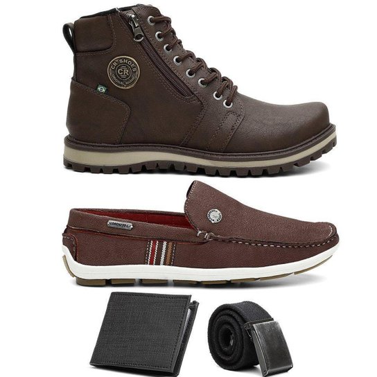 Kit Lorenzzo Lopez Bota Coturno + Mocassim + Cinto + Carteira Masculino - Marrom Menor preço em Kit Lorenzzo Lopez Bota Coturno + Mocassim + Cinto + Carteira Masculino - Marrom