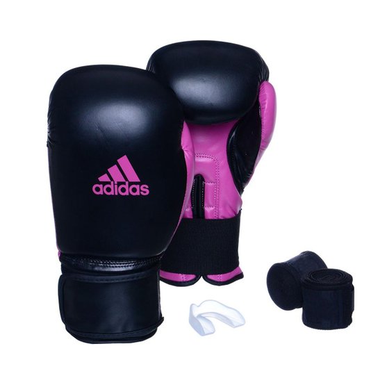 Kit Luva Adidas Power 100 Colors + Bandagem + Bucal Simples - Preto+Rosa