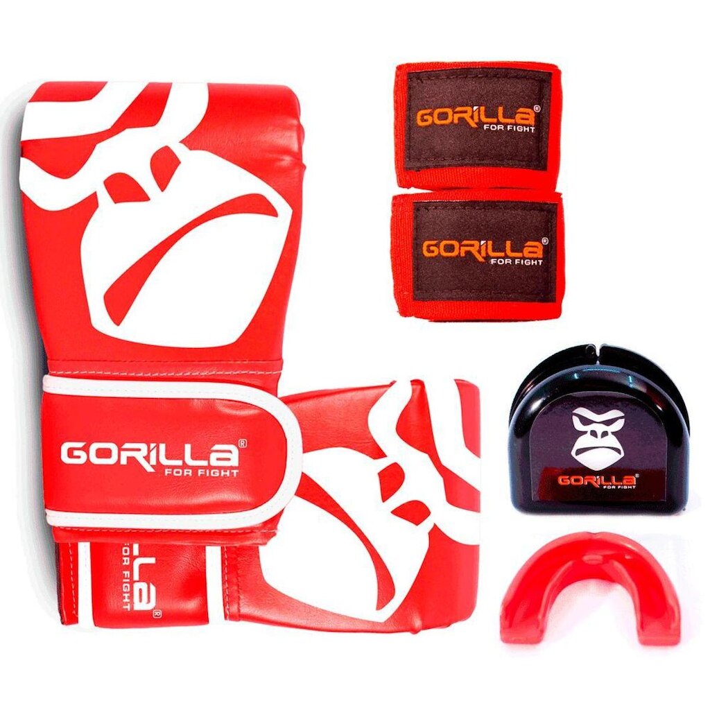 Kit Luva Bate Saco Pro + Bandagem Elástica 3 Mts + Protetor Bucal PRO Moldável Com Capinha Gorilla