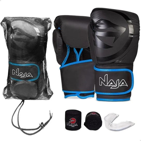 Kit Luva Black de Muay Thai e Boxe + Bandagem + Protetor Bucal + Bolsa - Azul Menor preço em Kit Luva Black de Muay Thai e Boxe + Bandagem + Protetor Bucal + Bolsa - Azul