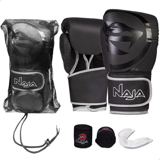 Kit Luva Black de Muay Thai e Boxe + Bandagem + Protetor Bucal + Bolsa - Prata Menor preço em Kit Luva Black de Muay Thai e Boxe + Bandagem + Protetor Bucal + Bolsa - Prata