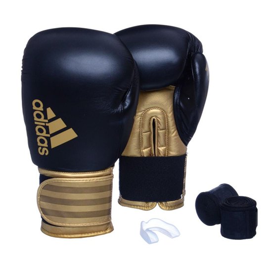 Kit Luva Boxe Adidas Hybrid 100 + Bandagem + Bucal Simples - Preto+Dourado Menor preço em Kit Luva Boxe Adidas Hybrid 100 + Bandagem + Bucal Simples - Preto+Dourado