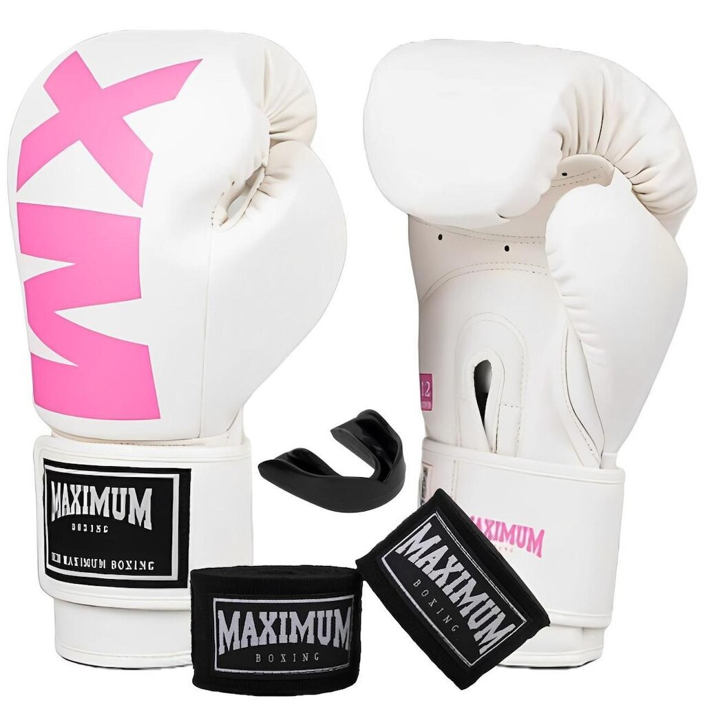 Kit Luva Boxe Muay Thai Feminina MXM Branco e Rosa + Bandagem 3m + Protetor Bucal - Maximum Boxing