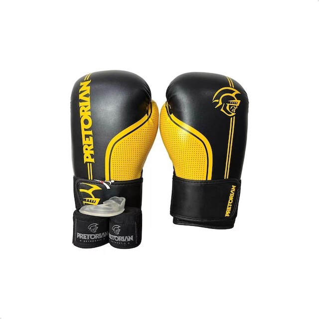 Kit Luva Boxe Muay Thai First FX1 Pretorian + Bandagem e Protetor Bucal