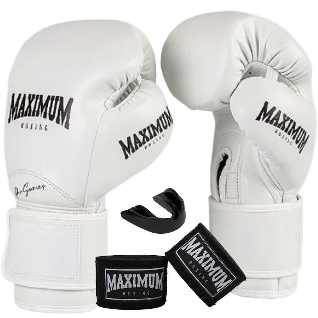Kit Luva Boxe Muay Thai Profissional Branco + Bandagem  + Protetor Bucal - Maximum Pro Series