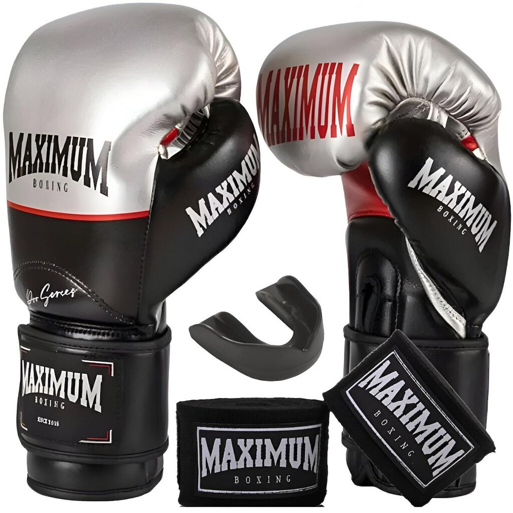 Kit Luva Boxe Muay Thai Profissional Prata + Bandagem + Protetor Bucal - Maximum Pro Series