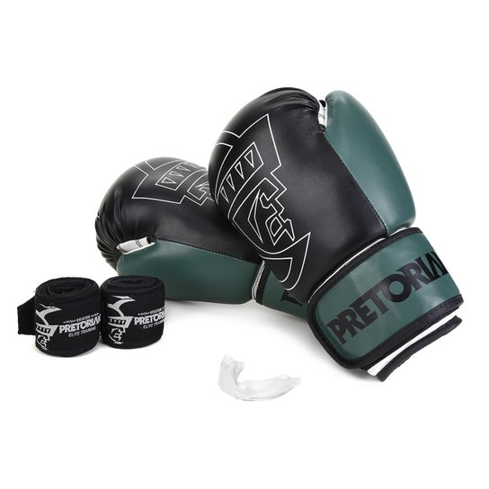 Kit Luva Boxe/Muay Thai First Pretorian 12 Oz + Bandagem + Protetor Bucal - Preto+verde Menor preço em Kit Luva Boxe/Muay Thai First Pretorian 12 Oz + Bandagem + Protetor Bucal - Preto+verde
