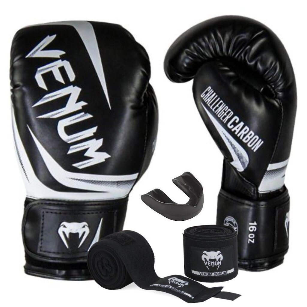 Kit Luva de Boxe e Muay Thai Venum Elite Full Written Pro Black com Bandagem 4m e Protetor Bucal