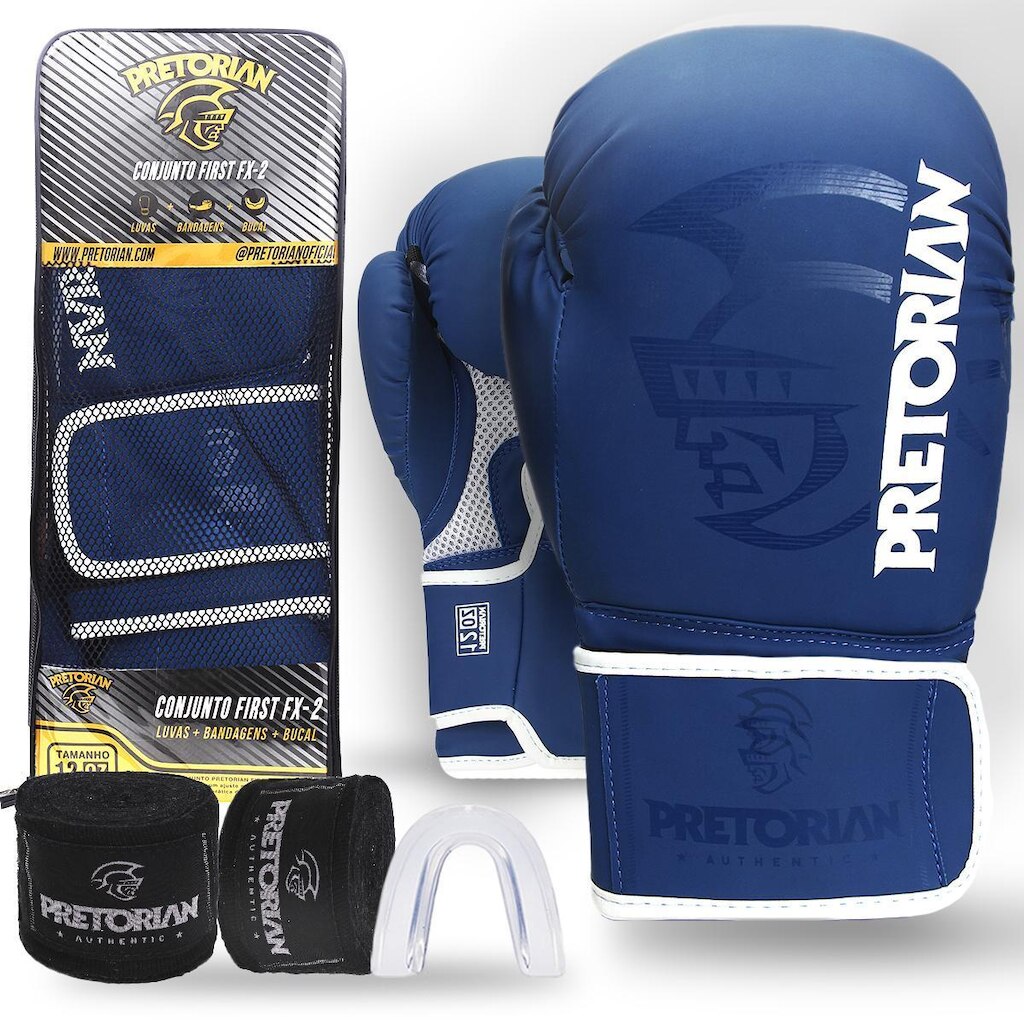 Kit Luva De Boxe Muay Thai First Fx2 Bandagem + Bucal + Bolsa - Pretorian