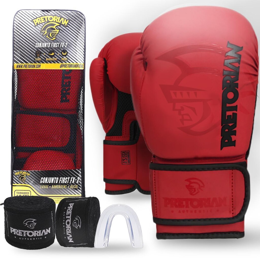 Kit Luva De Boxe Muay Thai First Fx2 Bandagem + Bucal + Bolsa - Pretorian