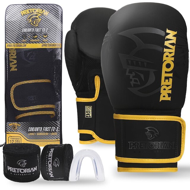 Kit Luva De Boxe Muay Thai First Fx2 Bandagem + Bucal + Bolsa - Pretorian