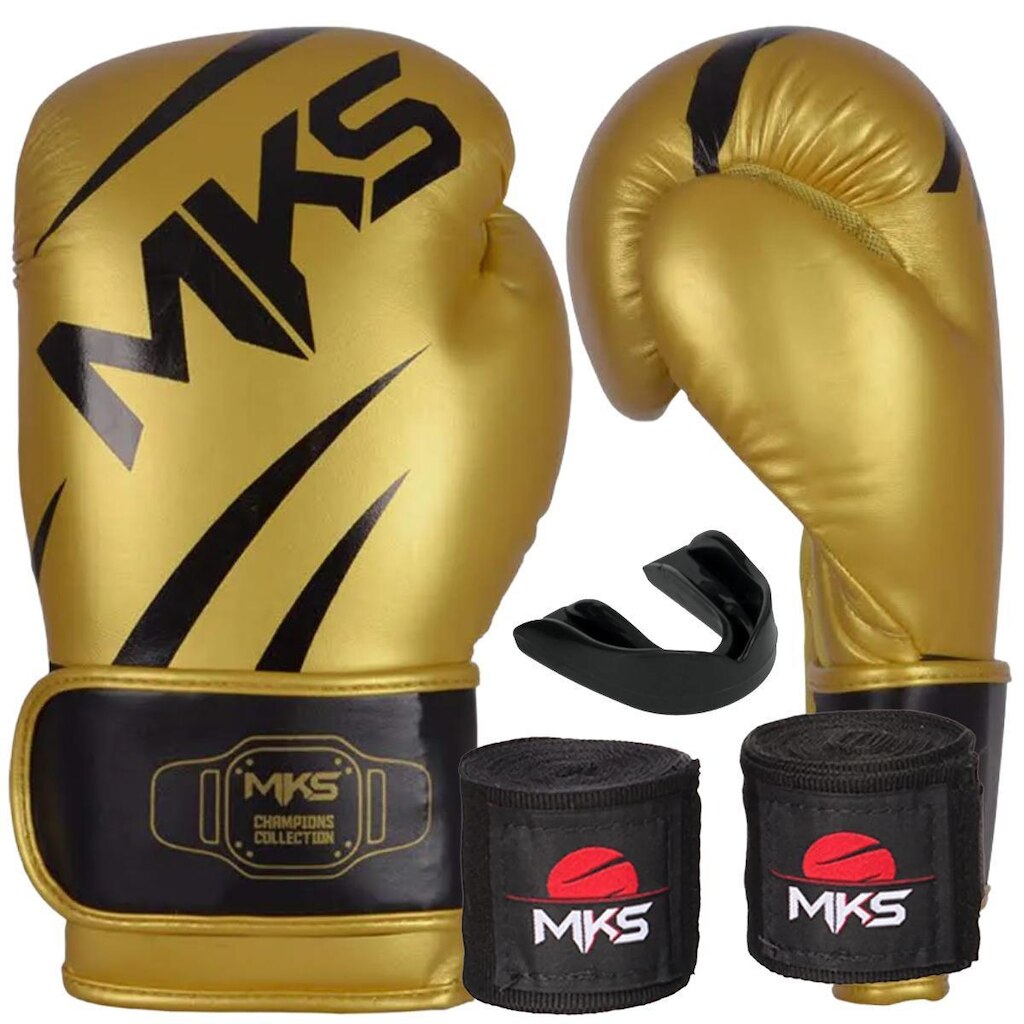 Kit Luva de Boxe Muay Thai Kickboxing Champions III Dourado e Preto com Bandagem e Protetor Bucal