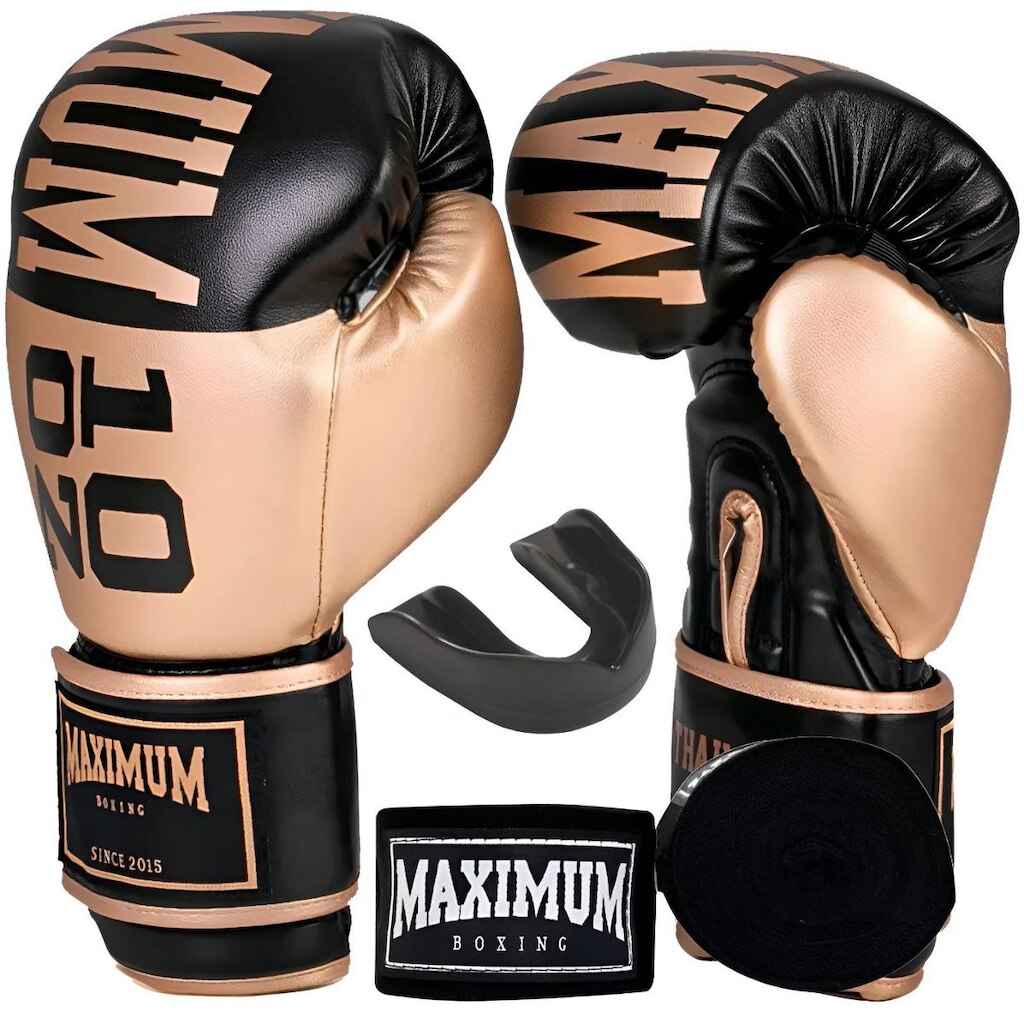 Kit Luva de Boxe Muay Thai Kickboxing Intermediária Training Dourado com Bandagem e Bucal Maximum