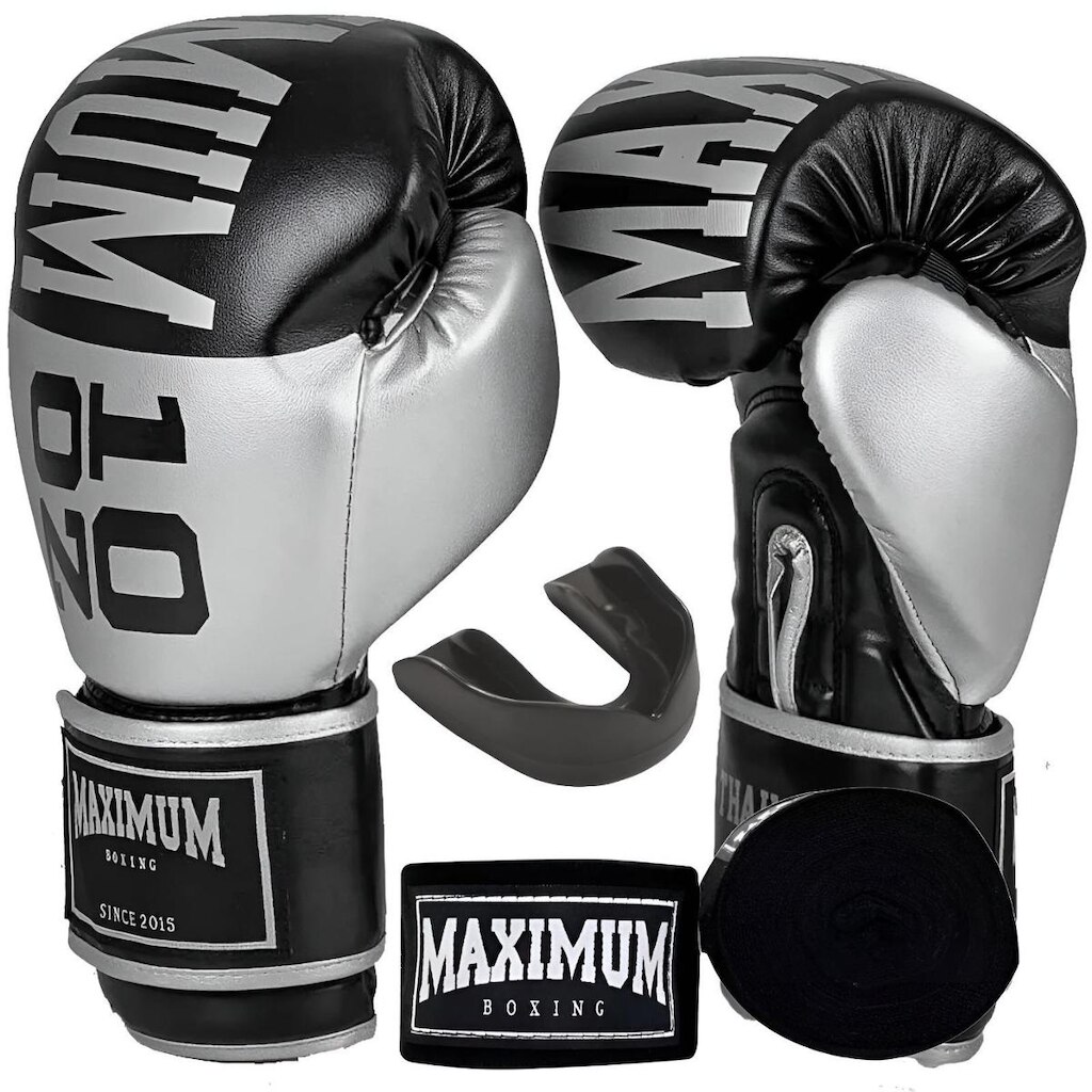 Kit Luva de Boxe Muay Thai Kickboxing Intermediária Training Prata com Bandagem e Bucal Maximum