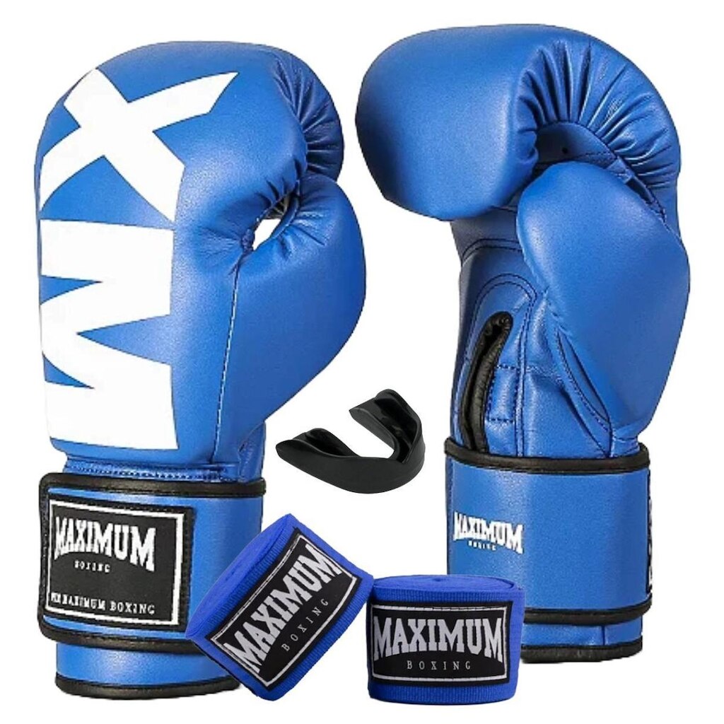 Kit Luva de Boxe Muay Thai Kickboxing MXM Azul + Bandagem 3m + Protetor Bucal - Maximum