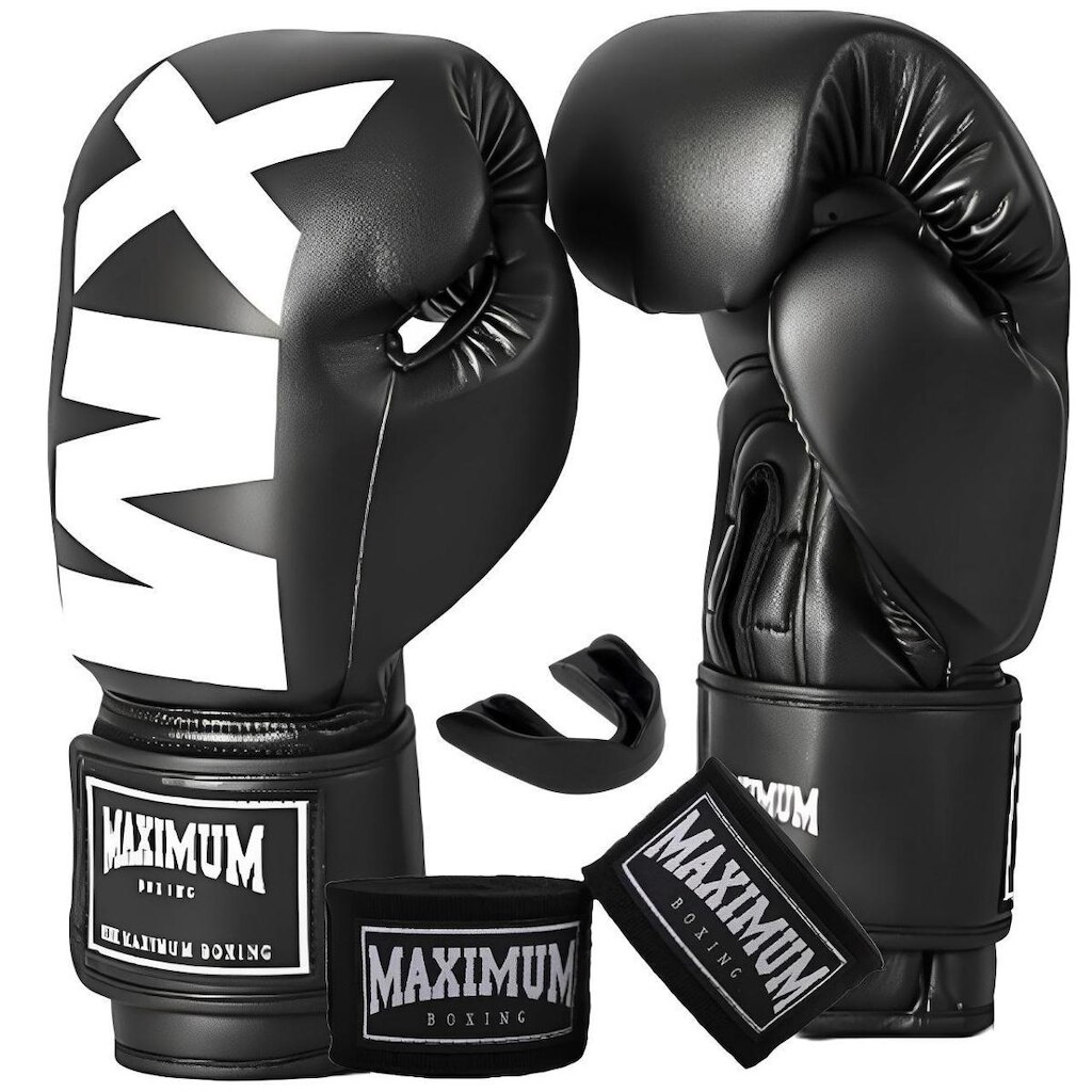 Kit Luva de Boxe Muay Thai Kickboxing MXM Preto + Bandagem 3m + Protetor Bucal - Maximum
