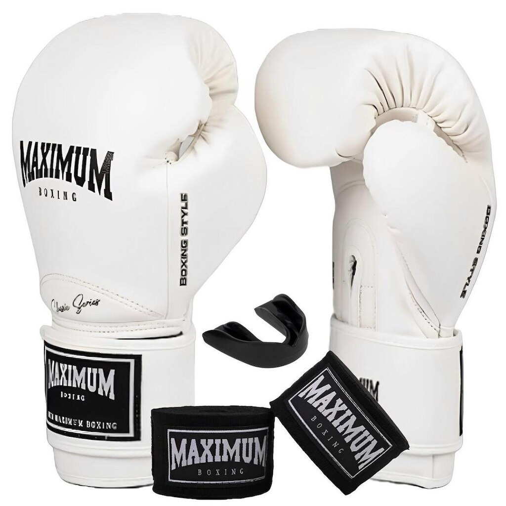 Kit Luva de Boxe Muay Thai Kickboxing New Classic Branco + Bandagem 3m + Protetor Bucal - Maximum