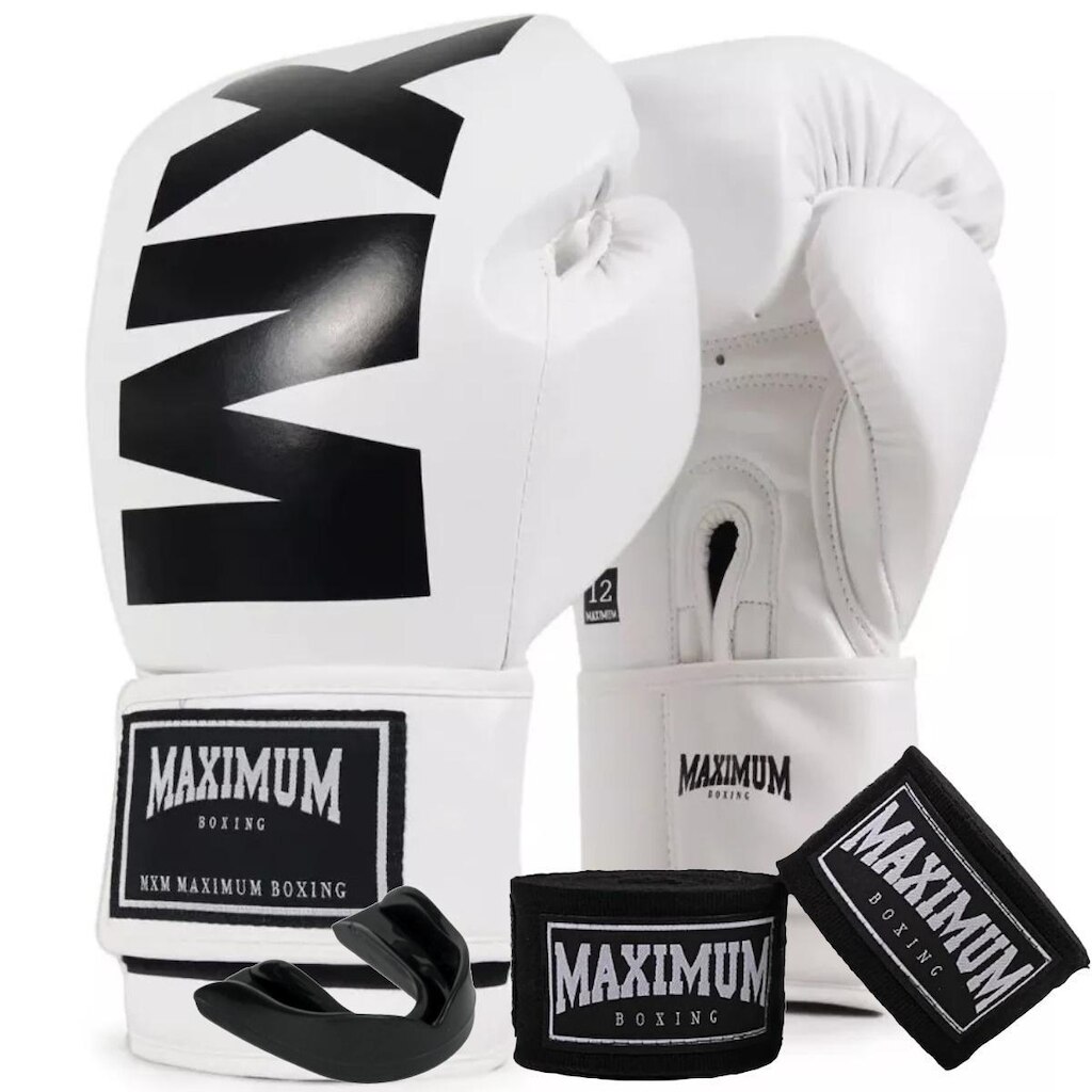 Kit Luva De Boxe Muay Thai MXM Branco e Preto + Bandagem 3m + Protetor Bucal - Maximum Boxing
