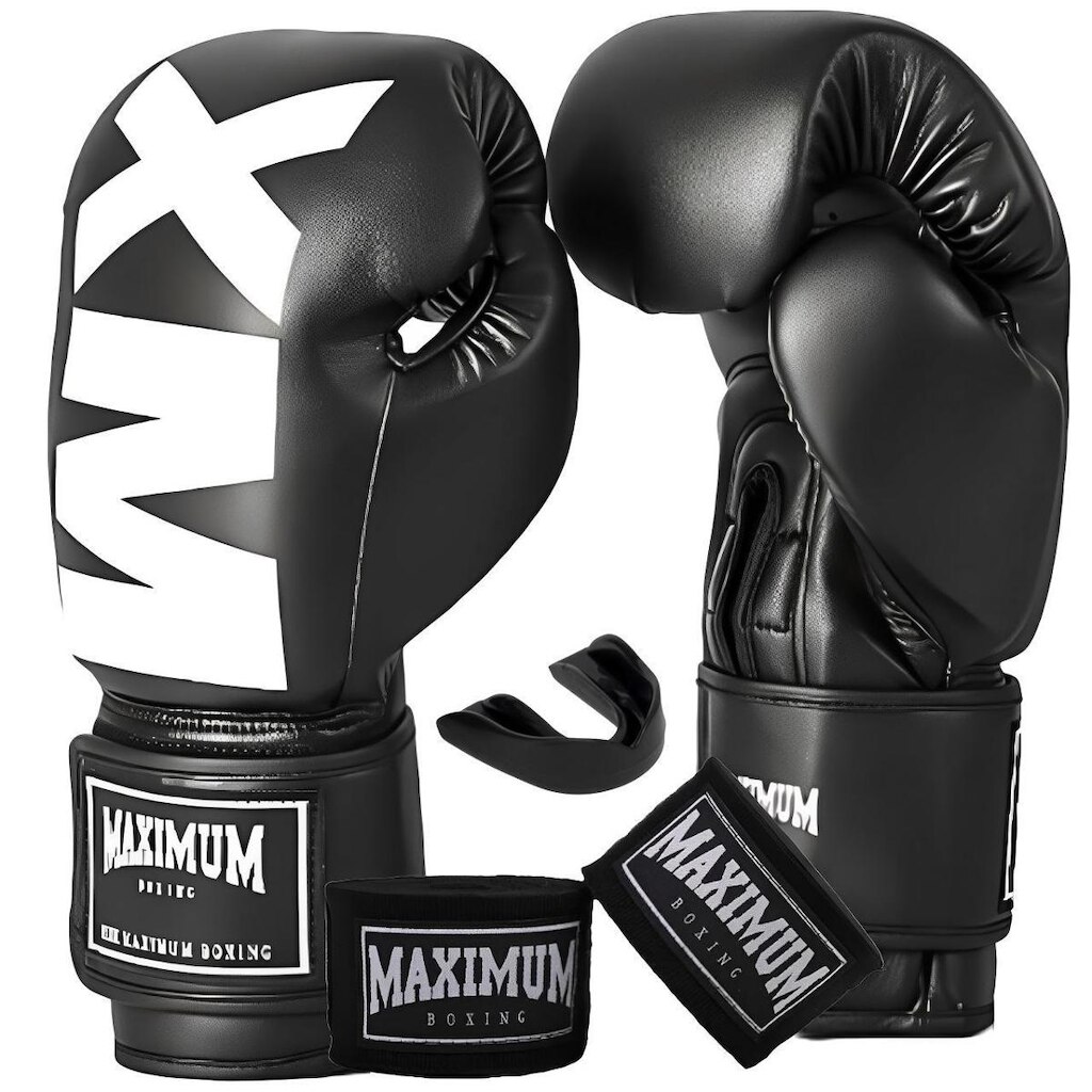 Kit Luva De Boxe Muay Thai MXM Preto + Bandagem 3m + Protetor Bucal - Maximum Boxing