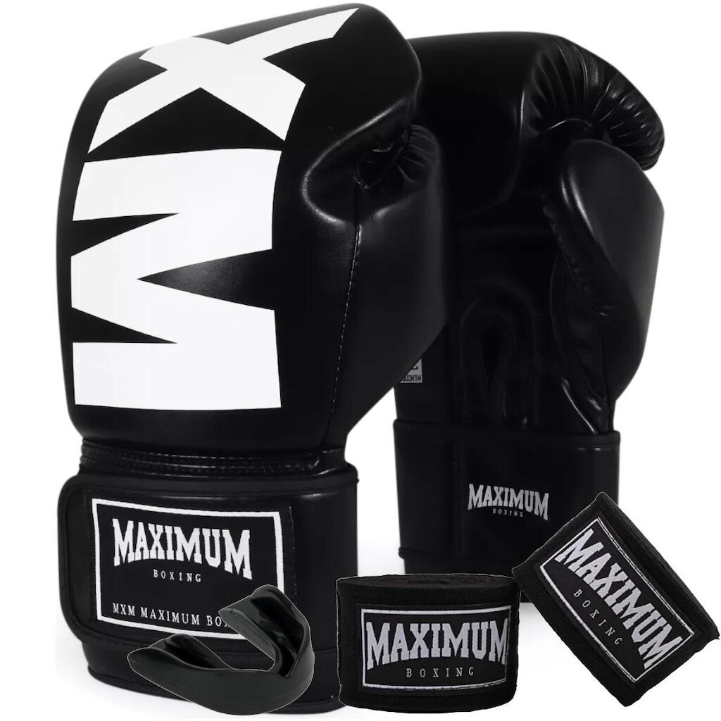Kit Luva De Boxe Muay Thai MXM Preto e Branco + Bandagem 3m + Protetor Bucal - Maximum Boxing