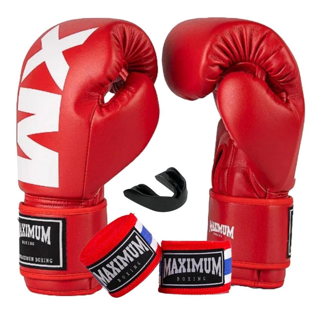Kit Luva De Boxe Muay Thai MXM Vermelho com Bandagem 3m e Protetor Bucal Maximum Boxing