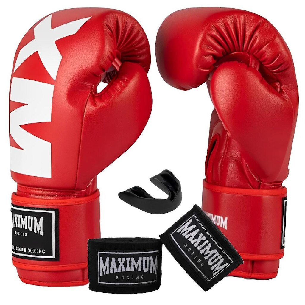 Kit Luva De Boxe Muay Thai MXM Vermelho e Branco + Bandagem 3m + Protetor Bucal - Maximum Boxing