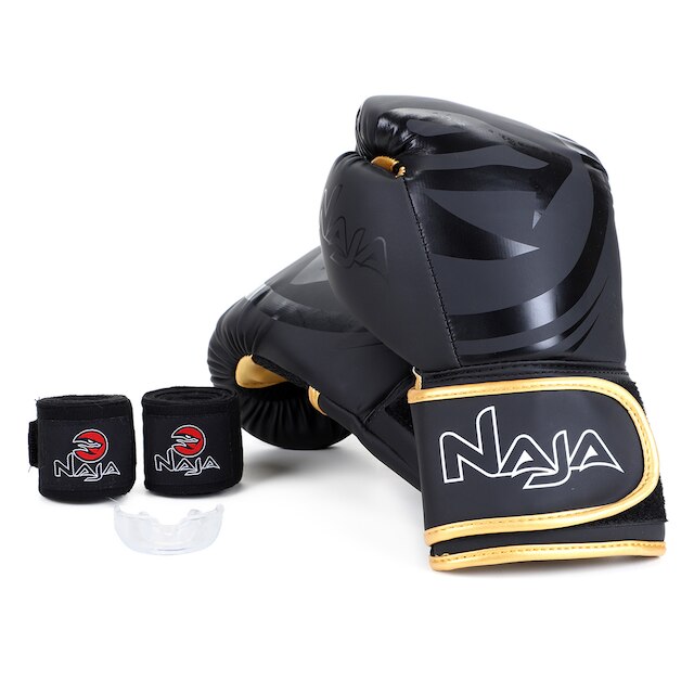 Kit Luva de Boxe/ Muay Thai Naja Black 10 oz + Bandagem + Protetor Bucal + Bag - Preto+Dourado é boa?