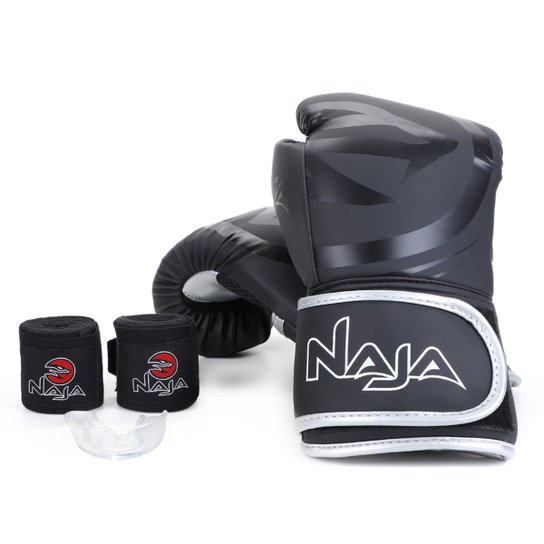 Kit Luva de Boxe/ Muay Thai Naja Black 10 oz + Bandagem + Protetor Bucal + Bag - Preto+Prata é ruim? Kit Luva de Boxe/ Muay Thai Naja Black 10 oz + Bandagem + Protetor Bucal + Bag - Preto+Prata é boa?