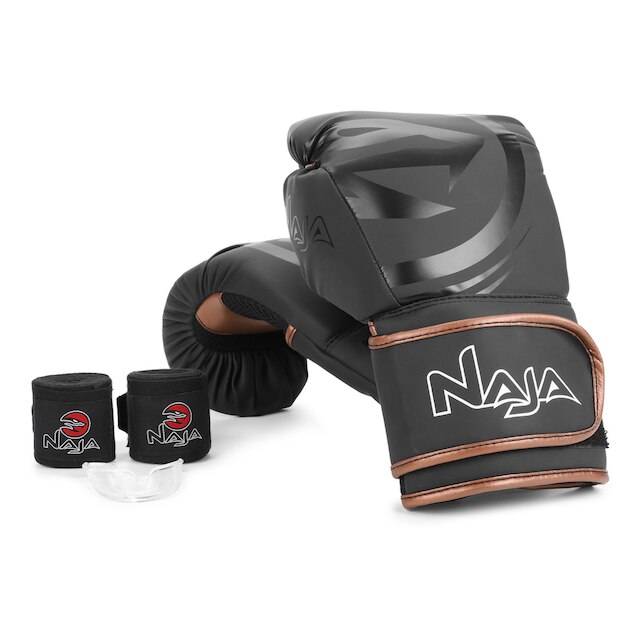 Kit Luva de Boxe/ Muay Thai Naja Black 10 oz + Bandagem + Protetor Bucal + Bag - Preto+Bronze é boa?