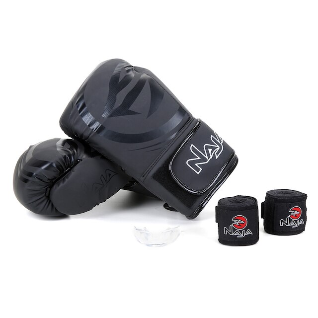Kit Luva de Boxe/ Muay Thai Naja Black 12 Oz + Bandagem + Protetor Bucal + Bag - Preto+Grafite é boa?