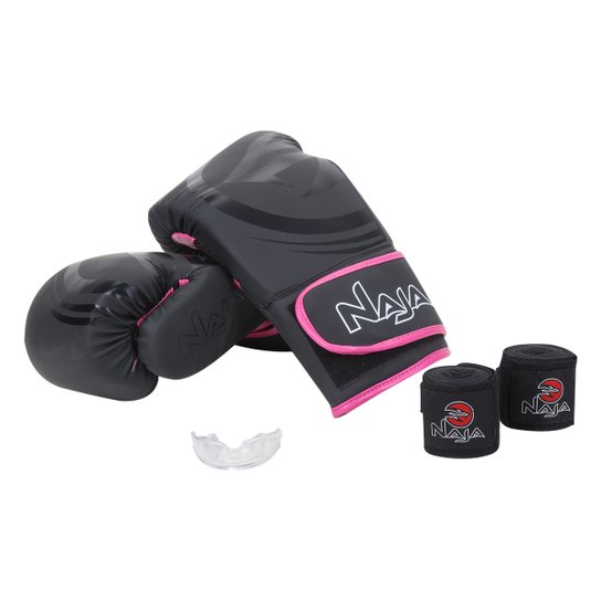 Kit Luva de Boxe/ Muay Thai Naja Black 12 Oz + Bandagem + Protetor Bucal + Bag - Preto+Rosa é boa?